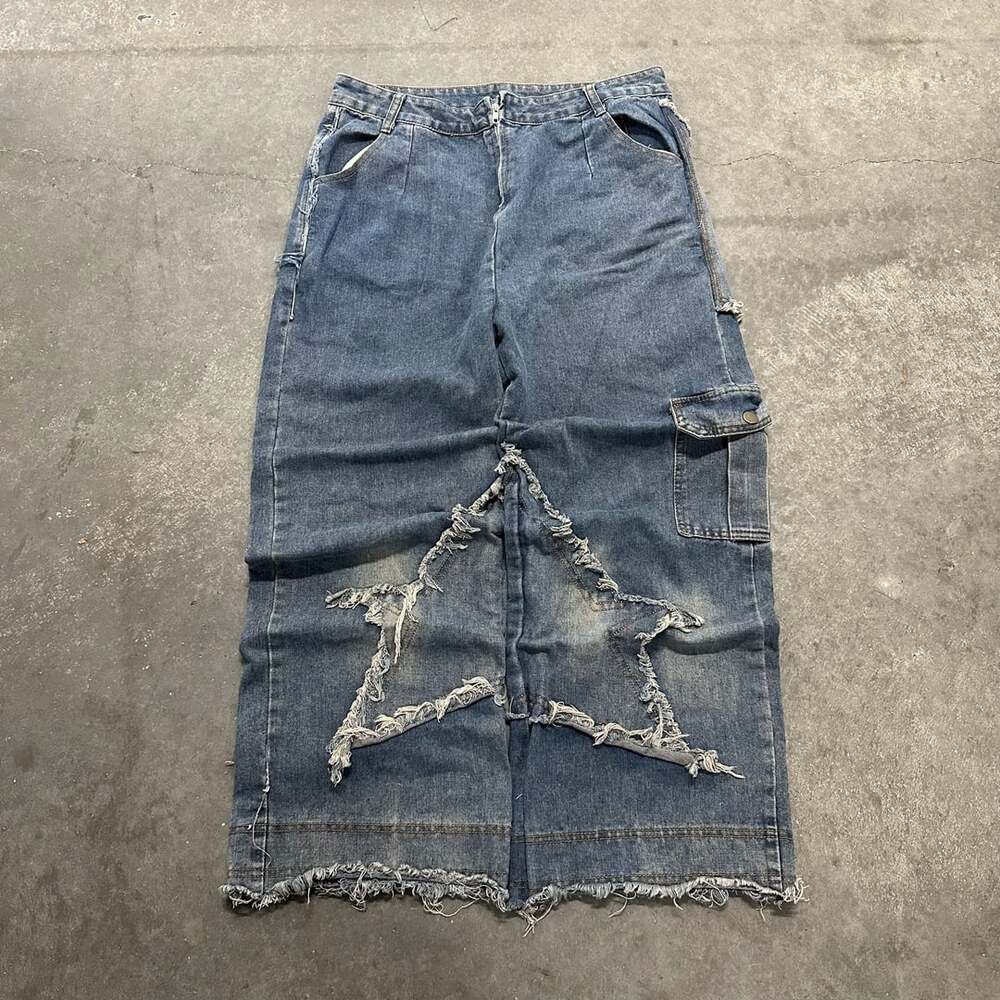Y2K Distressed Star Patchwork Baggy Cargo Jeans Wide Leg Rave Skater